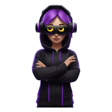 Russian girl wearing black hoody with violet letters "OMG", in vr headset oculus quest2. Standing like jedi. Cyberpunk style. Violet neon. sticker