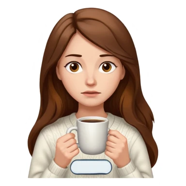 create a woman long hair brown, holding her cup of coffee looking exausted  sticker