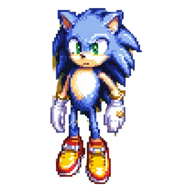 Sonic the Hedgehog on a hill in Green Hill Zone, blue fur, red shoes with white stripe and gold buckle, white gloves, green eyes, palm trees, checkerboard ground, golden rings floating sticker