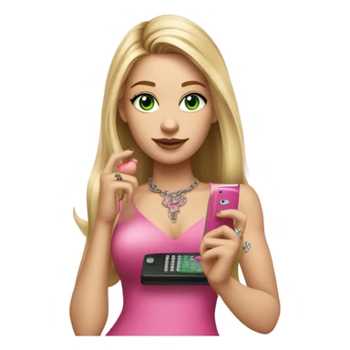 Realistic White girl with Long straight blonde hair, green eyes, tattoos, full body wearing dress and High heels, holding pink phone sticker