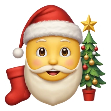D cute yellow emoji face wearing a Santa hat, with a happy soft expression. Replace the hearts with festive Christmas elements: a Christmas tree, stocking, snowflake, and other holiday icons. sticker