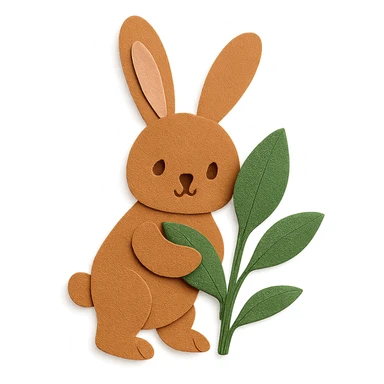 full-body cinnamon bunny peeking behind a plant sticker