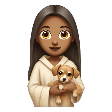 Indian girl with light skin straight hair holding a puppy in a robe sticker