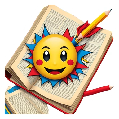 Create a vibrant emoji representing comic books and graphic novels as an art form. The design should feature a large, open comic book with vintage comic panels on the pages. Include a pencil (without a hand) gently writing text or sketching on the pages. The comic panels should have bold lines and retro-style artwork with classic comic book visuals. Use bright, energetic colors like red, yellow, and blue to evoke excitement and creativity. The overall design should feel dynamic, vintage, and artistic. Make the background transparent. sticker