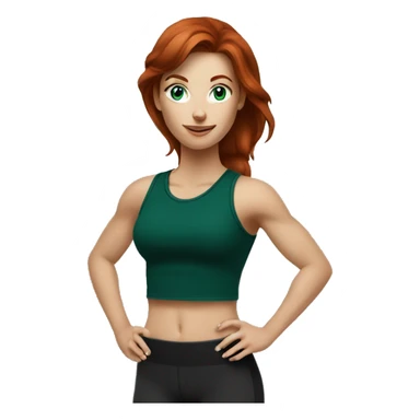 Dark Redhead fitness girl with blue eyes in dark green top with coffee sticker