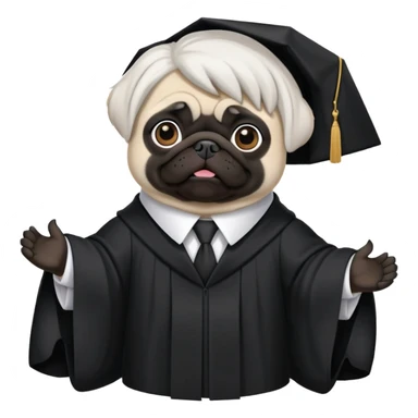 Black pug wearing white lawyer’s wig and black lawyer’s robes with white collar sticker