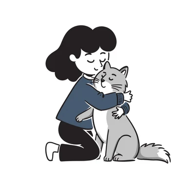 Brunette girl with dark blue sweatshirt snuggling a fluffy grey Siberian cat, warm embrace sticker