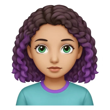 Girl with olive skin, teal eyes, slightly curly dark brown hair, light purple shirt sticker