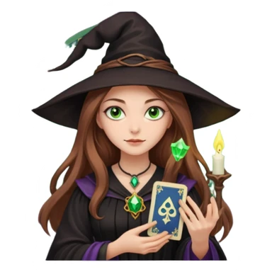 dark witch girl with long light brown hair and green eyes and Tarot cards sticker