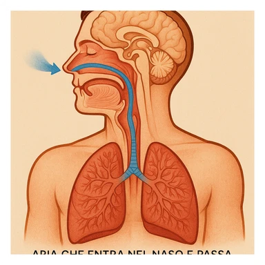 anatomical section of head and chest showing air entering nose and passing through airways to lungs, caption in Italian sticker