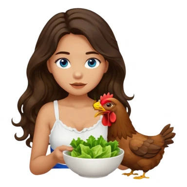 Girl with olive skin, blue eyes, brown dark insanely wavy long hair, white camisole. Eating a bowl of lettuce and chicken sticker