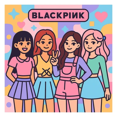 Blackpink K-pop group, cute and stylish, pastel accents, playful vibe, charming and colorful sticker