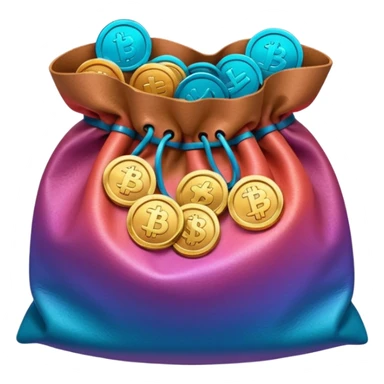 coins in gradient of turquoise, blue, pink, purple, and coral color inside a brown bag sticker