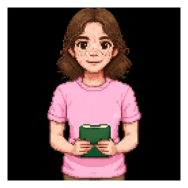Add brown eyes and freckles on the cheeks to the pixel art teacher with brown hair, white skin, and pink t-shirt. Keep the original pixel art style. sticker