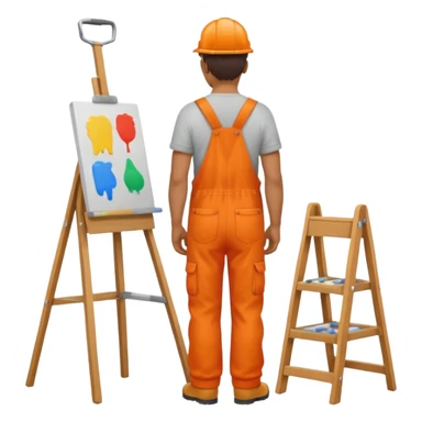 painter in orange overalls standing full body facing away sticker