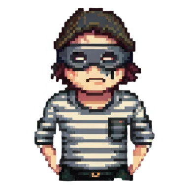 intimidating robber with black eye mask, striped shirt, sneering face, no weapons sticker