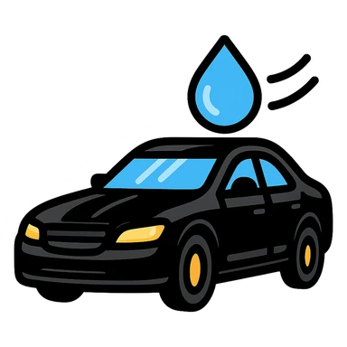 full high-end vehicle icon with glossy black mirror-like paint, water droplet sliding on the hood or roof, subtle repellent effect with water lines moving away, modern and clean style sticker