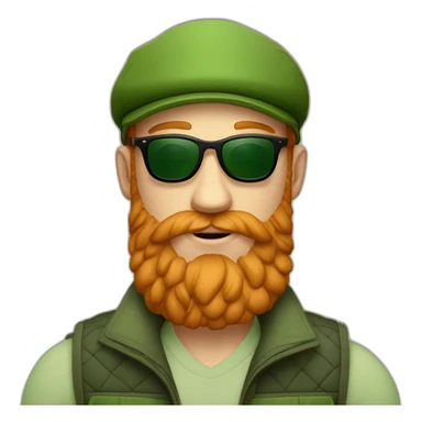 Ginger beard wearing a Gillet and wearing green sunglasses and a flatcap sticker