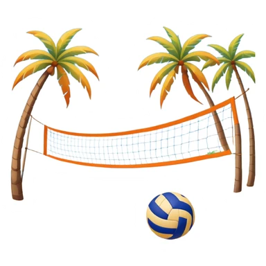 A volleyball resting on the orange sand of a beach, with a volleyball net in the background. The scene captures a sunny beach atmosphere with clear blue sea and sky, palm trees swaying, and people in swimsuits enjoying the vibrant surroundings sticker