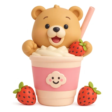 Edit the image to depict a pastel 3D vinyl figure style milkshake cup with a straw, a smiling bear peeking out, two strawberries, soft shadows, minimal look, with no background. sticker