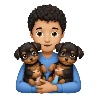 Young man with little brown skin, black curly hair, cheerful dark brown eyes, hugging two baby puppies Yorkie Breed sticker
