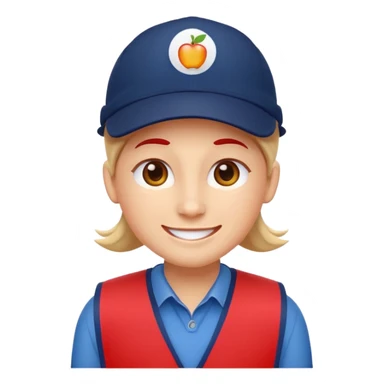 cheerful emoji-style Lowe’s associate, Apple emoji look, flat vector, front view, red vest, navy blue cap, rounded face, soft smile, simple dot eyes, no text or logos, clean background, minimalist and polished sticker