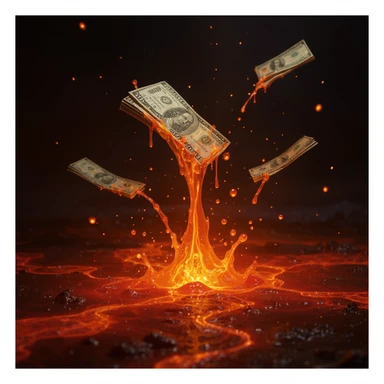 Transform the stacks of money into a scene where the money is flowing like lava, with a molten, liquid effect. The money should look real and the lava effect should be vivid and dynamic, in a realistic, photorealistic style. sticker
