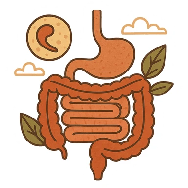 Anatomical illustration of the human digestive system, showing a cell, small intestine, and large intestine. Smooth 3D style, soft shading, clean and simple design.
 sticker