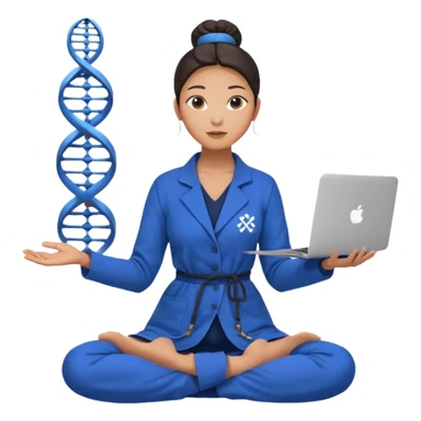 emoji of an asian woman with a single bun in a long blue labcoat sitting cross legged with dna levitating above one hand and an macbook above the other hand sticker