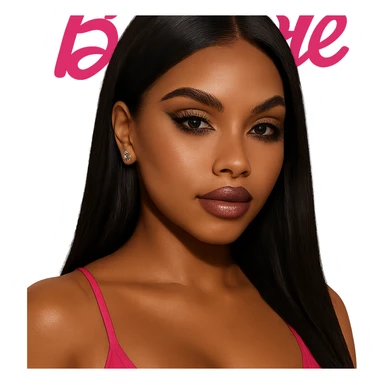 pretty Barbie baddie with black straight hair, brown skin, pretty makeup, dark brown eyes, gold stud earrings sticker