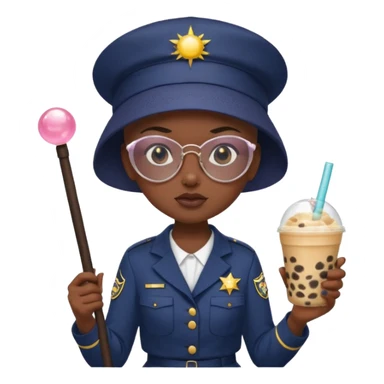 A Angry Teen Female with Dark skin and Bald, wearing a Uniform outfit, a Sunhat, Sunglasses, carrying a Enchanted staff, working as a teacher, while drinking Bubble tea and reading a Comic.
 sticker