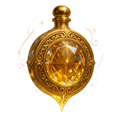 premium class crystal elixir bottle in coin shape, golden, lots of shine, edges, ornaments, magical effects, very small golden neck, transparent background, beautiful merging bottom, clearly floating in air, no base or shadow, very luxurious, matching the collection sticker