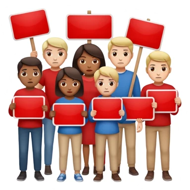 a crowd of people with unhappy faces and holding placards on which everything is crossed out in red sticker