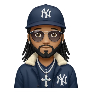 African American man with shoulder length black dreadlocks with black beard wearing black sunglasses wearing a New York Yankees logo baseball cap wearing a black bubble winter coat with diamond cross necklace on his neck sticker