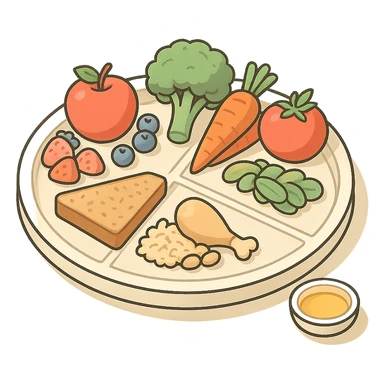Harvard plate in isometric view, vegetables and fruits occupy half the plate, whole grains and proteins each occupy a quarter, small circle for oils on the side, very detailed drawing, shadows and highlights, clean contours, soft lighting, transparent background. sticker