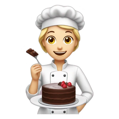 A white pastry cook eating a chocolate cake sticker