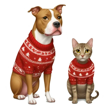 Tan pitbull and brown tabby cat in Christmas sweaters sticker