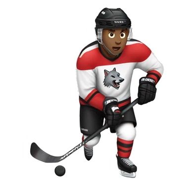 A wolf hockey player in a white red and black uniform holds a puck sticker