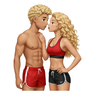 athletic man, high top fade, blonde curly hair only top only, no shirt and Athletic girl with long light red wavy long hair and black sports, Put them together kissing, or holding hands sticker