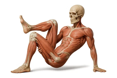 CORPO UMANO ANATOMICO REALISTICO CHE SVOLGE UN ESERCIZIO DI MOBILITà ALLE ANCHE, iperrealistico 4k sticker