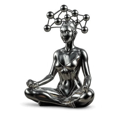 metallic chrome figure of a woman meditating, serene, with several chrome balls forming a net above her head sticker