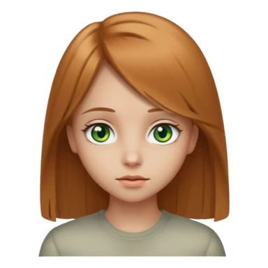 apple style emoji of a girl with light brown (русые) hair, 1A-1B straight hair texture, heterochromia: one green eye, one greyish eye sticker