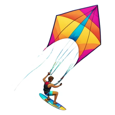 A vibrant kite soaring high in the sky, attached to a kiteboarder riding the waves below. The scene is filled with bright colors, capturing the energy of the sport. The background features the ocean, wind-blown waves, and a clear sky, showcasing the excitement and freedom of kiting. sticker