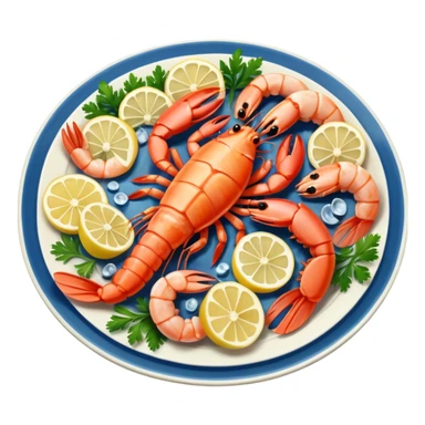 seafood on a porcelain platter with lemon  sticker