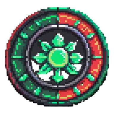 Member medallion with green to red gradient aura and pixel art details sticker