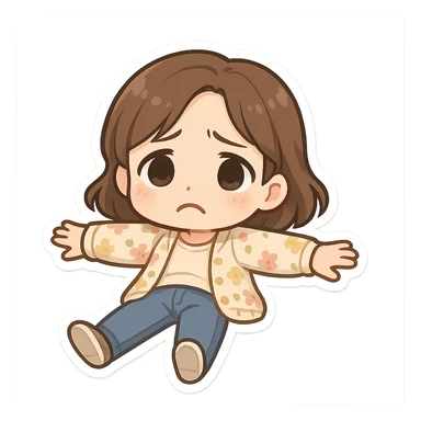 3D chibi style high-quality rendering with smooth shadows and soft gradients, girl based on reference image preserving facial features and hairstyle, wearing jeans and pastel floral cardigan, thick white outline like a sticker, lying flat on the floor arms spread looking sad sticker