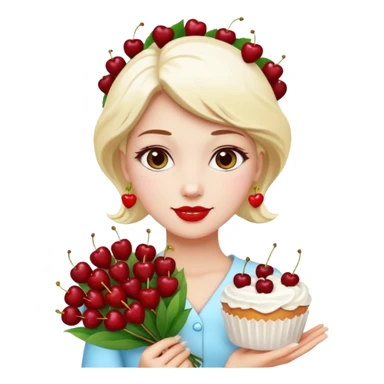 Beautiful woman with bouquet of flowers and lush white cakes with icing and cherries emoji style sticker
