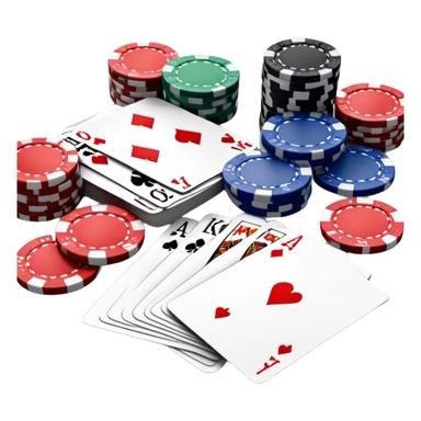 A photorealistic icon featuring playing cards, poker chips and a deck of cards spread out on a table. Bright, detailed design with realistic textures and lighting. Transparent background, clearly symbolizing card games and strategy. sticker