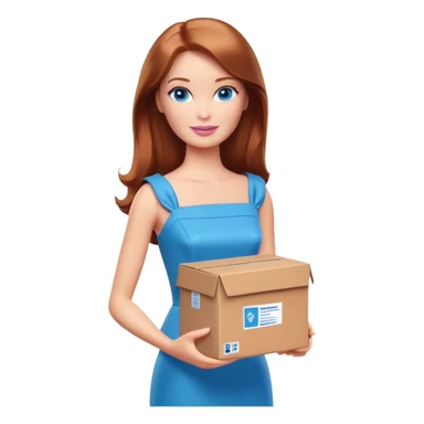 Barbie with blue eyes, shoulder-length reddish-brown hair in a brown dress holds a package box sticker