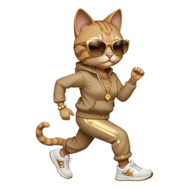 friendly anthropomorphised female cat in hip-hop Run DMC clothing, dark sunglasses, gold chains, jogging upright sticker